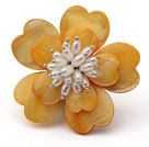 Wholesale Heart Shape Yellow Shell and White Freshwater Pearl Flower Brooch