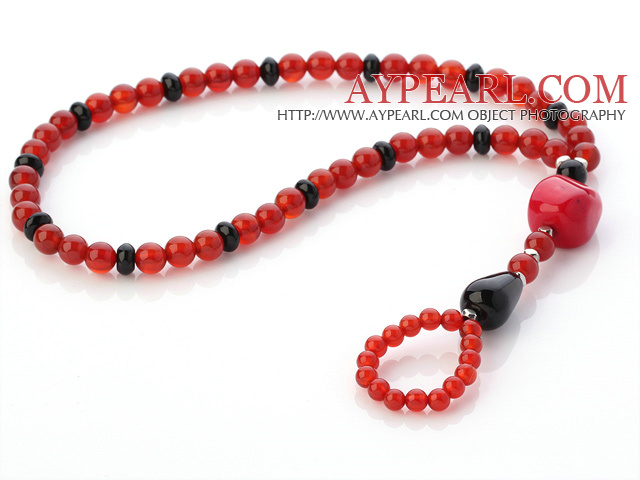 Fashion Black And Round Red Agate And Red Coral Beaded Anklet