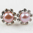 Classic Design Natural Purple Freshwater Pearl Studs with Rhinestone