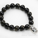Classic Design 12mm Round Obsidian Beaded Elastic Bracelet with Thai Silver Pendant