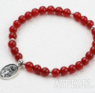 Classic Design 6mm Red Carnelian Beaded Elastic Bangle Bracelet with Sterling Silver Accesories