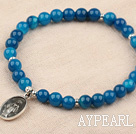 Classic Design 6mm Round Blue Agate Beaded Elastic Bangle Bracelet with Sterling Silver Accessories