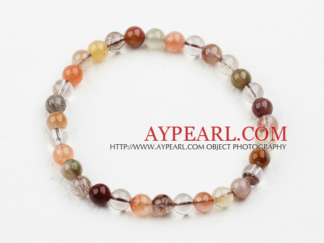 6mm Round Multi Color Qutilated Quartz Beaded Elastic Bangle Bracelet