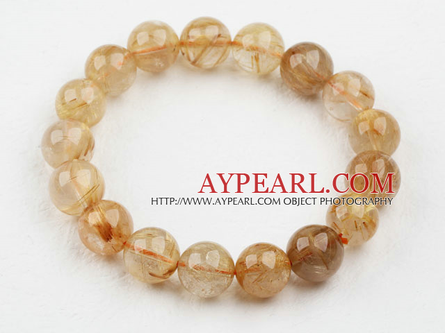 12mm Round Golden Rutilated Quartz Beaded Elastic Bangle Bracelet
