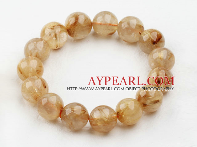 14mm Round Golden Rutilated Quartz Beaded Elastic Bangle Bracelet