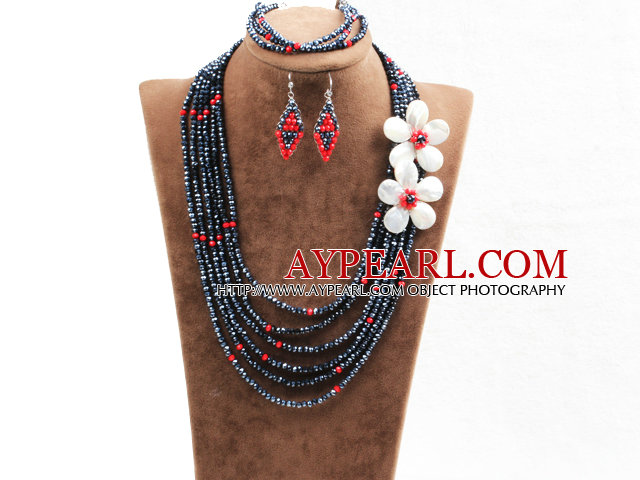 Beautiful 6 Layers Red & Black Crystal Beads Costume African Wedding Jewelry Set (Necklace, Bracelet & Earrings