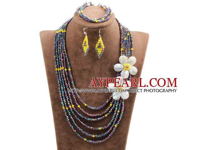 Beautiful 6 Layers Multi Color Crystal Beads Costume African Wedding Jewelry Set (Necklace, Bracelet & Earrings