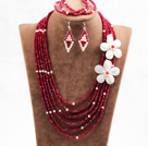 Wholesale Beautiful 6 Layers Opal & Red Crystal Beads Costume African Wedding Jewelry Set (Necklace, Bracelet & Earrings