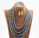 Wholesale Fantastic Statement 10 Layers Yellow & Blue Crystal African Wedding Jewelry Set (Necklace, Bracelet & Earrings)