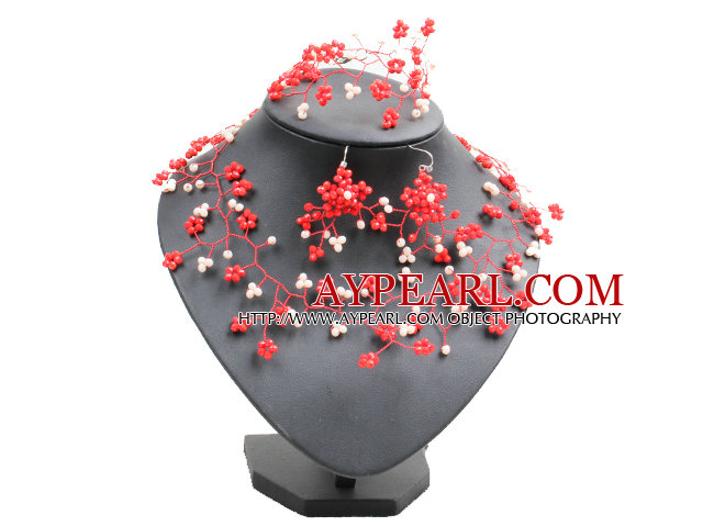 Trendy Style Woven Brench Shape White & Red Jade-like Crystal Jewelry Set (Necklace, Bracelet & Earrrings)