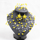 Wholesale Trendy Style Woven Brench Shape White & Yellow Jade-like Crystal Jewelry Set (Necklace, Bracelet & Earrrings)