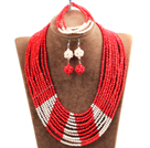 Wholesale Beautiful Shining 10-Row Red Crystal Beads African Wedding Jewelry Set (Necklace, Bracelet & Earrings)