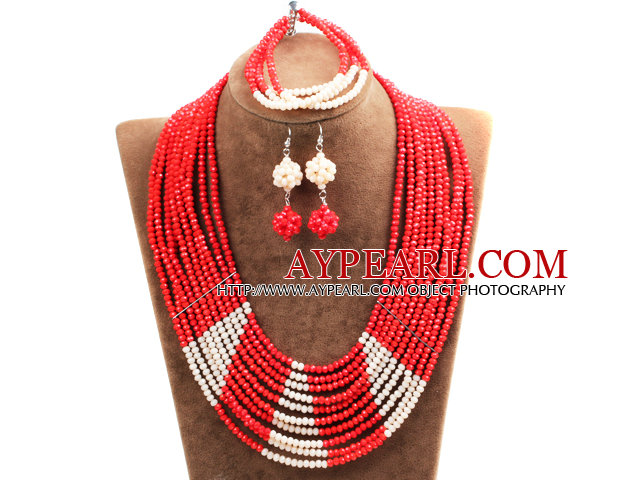 Beautiful Shining 10-Row Red Crystal Beads African Wedding Jewelry Set (Necklace, Bracelet & Earrings)