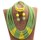 Wholesale Beautiful Shining 10-Row Green & Yellow Crystal Beads African Wedding Jewelry Set (Necklace, Bracelet & Earrings)
