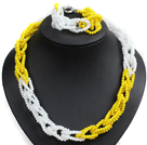 Wholesale Unique Design Fashion Yellow & White Jade-like Crystal Beads Jewelry Set (Necklace & Bracelet with Moonlight Clasp)
