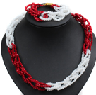 Wholesale Unique Design Fashion Red & White Jade-like Crystal Beads Jewelry Set (Necklace & Bracelet with Golden Moonlight Clasp)