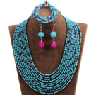 Wholesale Fabulous 10-Row Blue & Rose Red Crystal African Wedding Jewelry Set (Necklace $ Bracelet & Earrings)