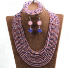 Wholesale Fabulous 10-Row Pink & Blue Crystal African Wedding Jewelry Set (Necklace $ Bracelet & Earrings)
