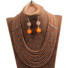 Wholesale Fabulous 10-Row Brown & Orange Crystal African Wedding Jewelry Set (Necklace $ Bracelet & Earrings)