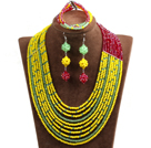 Wholesale Hipanema 10-Row Yellow & Green & Red Crystal African Wedding Jewelry Set (Necklace $ Bracelet & Earrings)