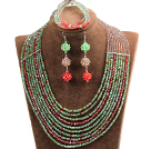 Wholesale Hipanema 10-Row Green & Brown & Red Crystal African Wedding Jewelry Set (Necklace $ Bracelet & Earrings)