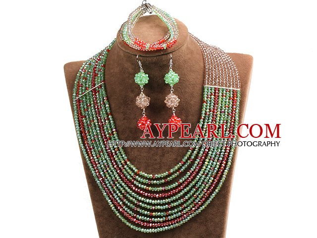 Hipanema 10-Row Green & Brown & Red Crystal African Wedding Jewelry Set (Necklace $ Bracelet & Earrings)