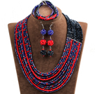 Wholesale Hipanema 10-Row Black & Red & Dark Blue Crystal African Wedding Jewelry Set (Necklace $ Bracelet & Earrings)
