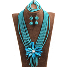 Wholesale Statement Graceful Multi Layer Green Jade-like Crystal Beads Big Shell Flower Jewelry Set (Necklace & Bracelet & Earrings)
