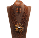 Wholesale Statement Graceful Multi Layer Brown Crystal Beads Big Shell Flower Jewelry Set (Necklace & Bracelet & Earrings)