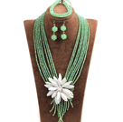 Wholesale Statement Graceful Multi Layer Green Crystal Beads Big White Shell Flower Jewelry Set (Necklace & Bracelet & Earrings)