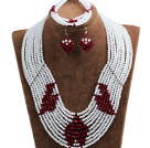 Wholesale Fantastic Pretty Multi Layer White & Red Heart Pattern Crystal Beads Jewelry Set (Necklace & Bracelet & Heart Earrings)