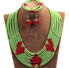 Wholesale Fantastic Pretty Multi Layer Green & Red Heart Pattern Crystal Beads Jewelry Set (Necklace & Bracelet & Heart Earrings)