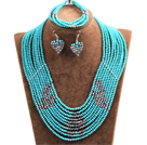 Fantastic Pretty Multi Layer Green & Silver Heart Pattern Crystal Beads Jewelry Set (Necklace & Bracelet & Heart Earrings)
