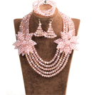 Wholesale Sparkly Multi Layer Pink Crystal Beads African Wedding Jewelry Set With Statement Crystal Flower (Necklace, Bracelet & Earrings)