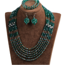 Wholesale Classic Design Multi Layer Dark Green & Brown Crystal Beads African Wedding Jewelry Set (Necklace, Bracelet & Earrings)