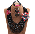 Wholesale Gorgeous Multi Layer Black & Red Crystal Beads African Wedding Jewelry Set With Statement Crystal Flower(Necklace, Bracelet & Earrings)