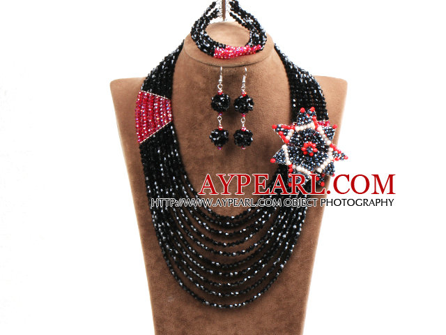 Gorgeous Multi Layer Black & Red Crystal Beads African Wedding Jewelry Set With Statement Crystal Flower(Necklace, Bracelet & Earrings)