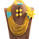 Wholesale Gorgeous Multi Layer Yellow & Blue Crystal Beads African Wedding Jewelry Set With Statement Crystal Flower(Necklace, Bracelet & Earrings)