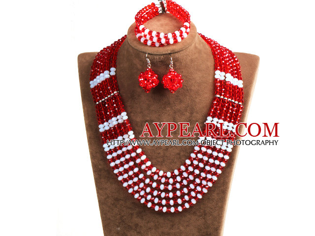 Classic Design Multi Layer Red & White Crystal Beads African Wedding Jewelry Set (Necklace, Bracelet & Earrings)