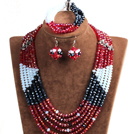 Wholesale Fashion Multi Layer Red & Black & White Crystal Beads African Wedding Jewelry Set (Necklace, Bracelet & Earrings)