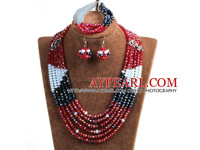 Fashion Multi Layer Red & Black & White Crystal Beads African Wedding Jewelry Set (Necklace, Bracelet & Earrings)