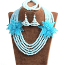 Wholesale Sparkly Multi Layer Blue Crystal Beads African Wedding Jewelry Set With Statement Crystal Flower (Necklace, Bracelet & Earrings)