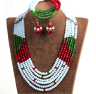 Wholesale Fashion Multi Layer White & Red & Green Crystal Beads African Wedding Jewelry Set (Necklace, Bracelet & Earrings)
