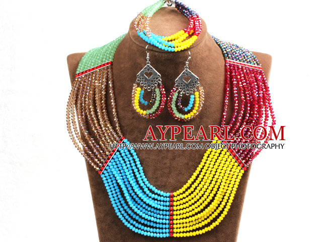 Amazing Colorful Multi Layer Crystal Beads African Wedding / Party Jewelry Set (Necklace, Bracelet & Earrings)