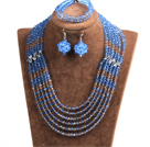 Wholesale Classic Design Multi Layer Blue & Brown Crystal Beads African Wedding Jewelry Set (Necklace, Bracelet & Earrings)