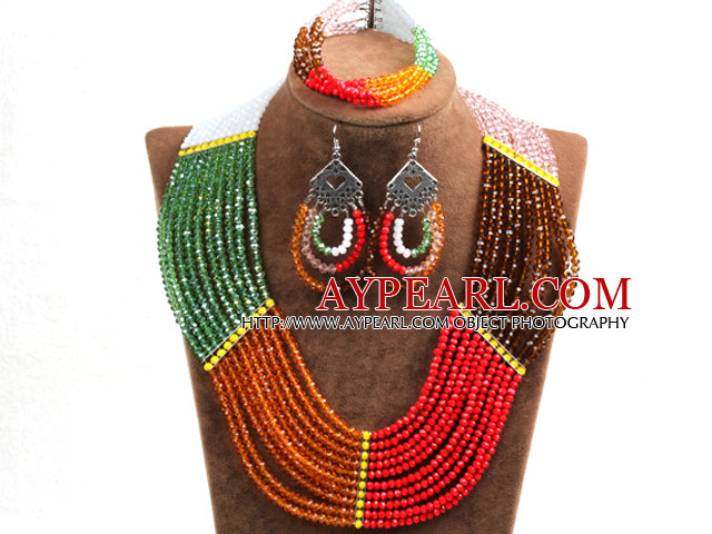 Fantastic Colorful Multi Layer Crystal Beads African Wedding / Party Jewelry Set (Necklace, Bracelet & Earrings)