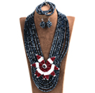Wholesale Statement Party Style Multi Layer Black Crystal Beads African Costume Jewelry Set With Big Flower (Necklace, Bracelet & Earrings)