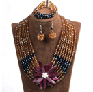 Wholesale Elegant Multi Layer Brown & Black Crystal Beads Costume Jewelry Set with Statement Purple Shell Flower (Necklace, Bracelet & Earrings)