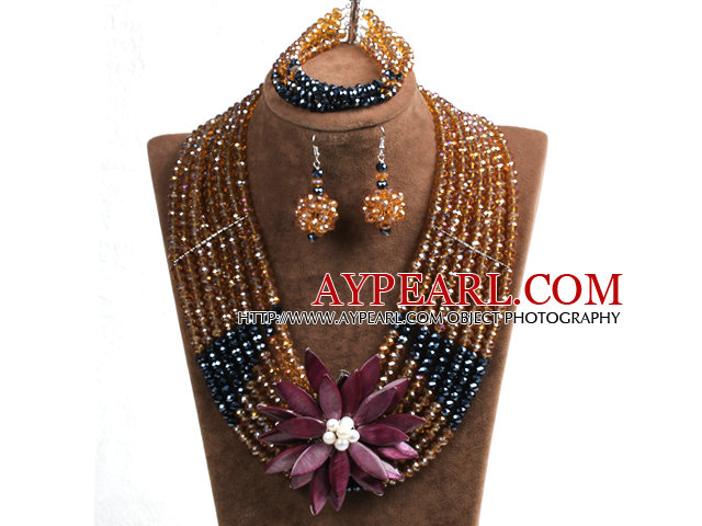 Elegant Multi Layer Brown & Black Crystal Beads Costume Jewelry Set with Statement Purple Shell Flower (Necklace, Bracelet & Earrings)