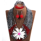 Wholesale Elegant Multi Layer Silver & Red Crystal Beads Costume Jewelry Set with Statement White Shell Flower (Necklace, Bracelet & Earrings)